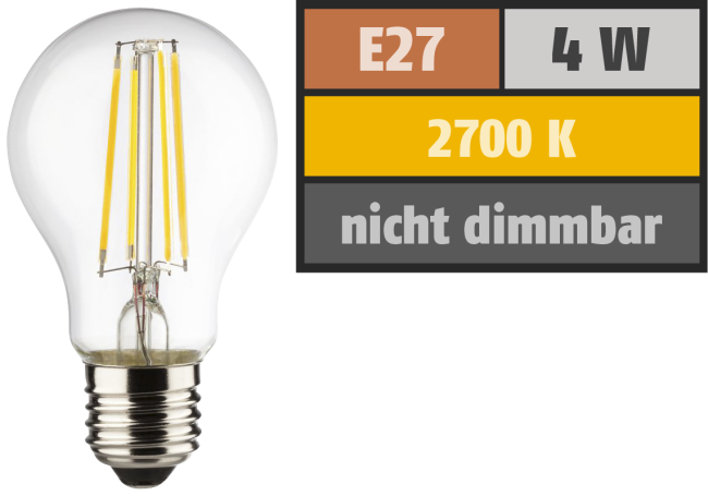 LED Filament Glühlampe, E27, 4W, 470lm, 2700K, warmweiß
