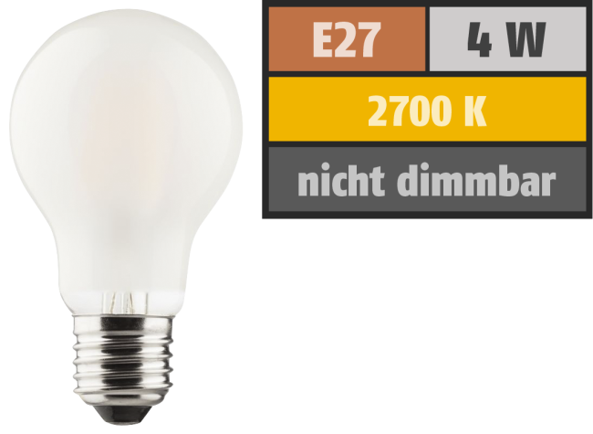 LED Filament Glühlampe, E27, 4W, 470lm, 2700K, warmweiß, matt
