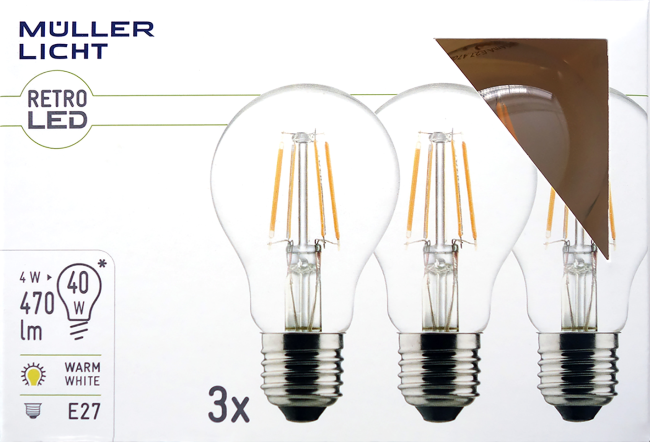 LED Filament Glühlampe, E27, 4W, 470lm, 2700K, warmweiß, 3er Set
