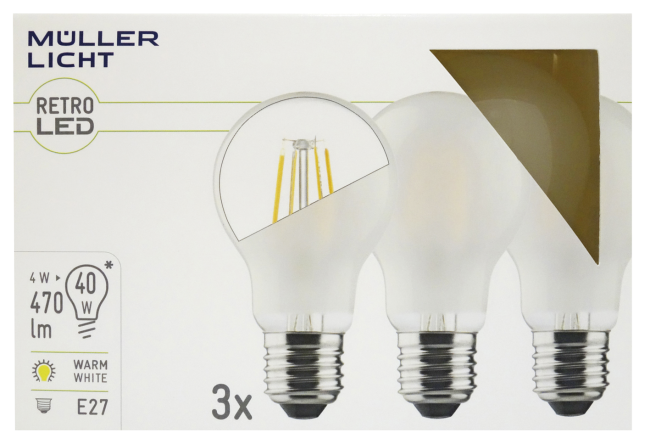 LED Filament Glühlampe, E27, 4W, 470lm, 2700K, warmweiß, matt, 3er Set
