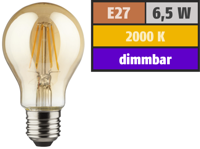 LED Filament Glühlampe, E27, 6,5W, 400lm, 2000K, warmweiß, dimmbar, gold
