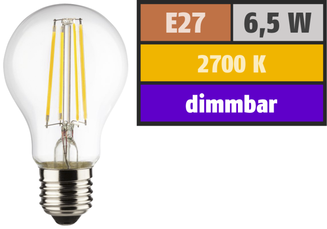 LED Filament Glühlampe, E27, 6,5W, 810lm, 2700K, warmweiß, dimmbar
