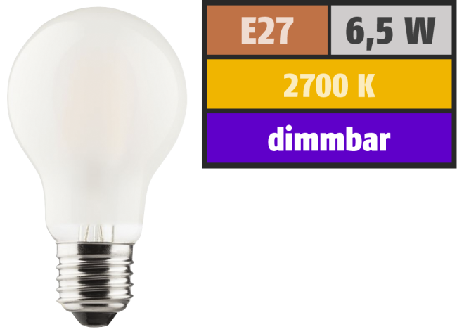 LED Filament Glühlampe, E27, 6,5W, 810lm, 2700K, warmweiß, dimmbar, matt
