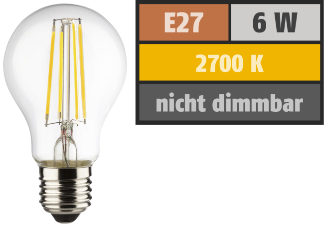 LED Filament Glühlampe, E27, 6W, 810lm, 2700K, warmweiß
