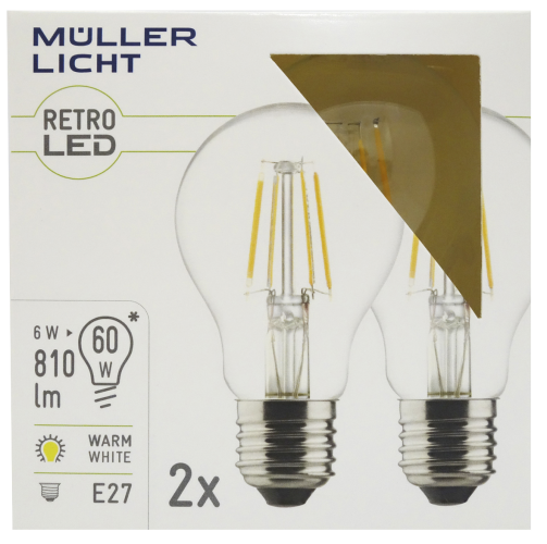 LED Filament Glühlampe, E27, 6W, 810lm, 2700K, warmweiß, 2er Set
