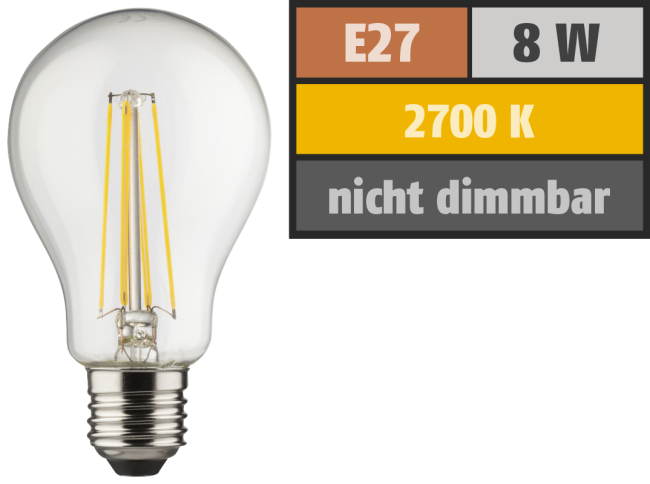 LED Filament Glühlampe, E27, 8W, 1055lm, 2700K, warmweiß
