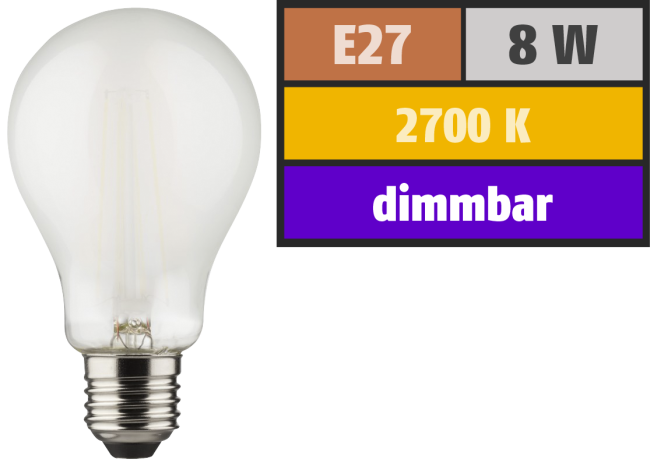 LED Filament Glühlampe, E27, 8W, 1055lm, 2700K, warmweiß, dimmbar, matt
