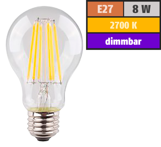 LED Filament Glühlampe, E27, 8W, 1055lm, 2700K, warmweiß, dimmbar
