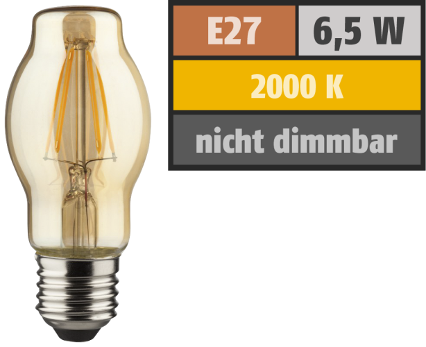 LED Filament Glühlampe, E27 / BTT, 6,5W, 690lm, 2000K, warmweiß, dimmbar, gold
