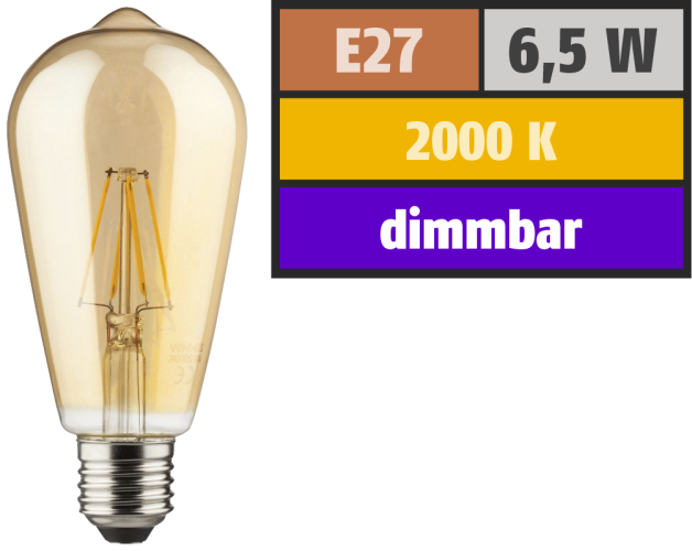 LED Filament Glühlampe, E27 / ST64, 6,5W, 690lm, 2000K, warmweiß, dimmbar, gold
