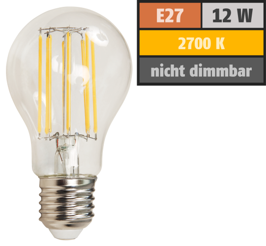 LED Filament Glühlampe McShine Filed, E27, 12W, 1500lm, warmweiß, klar
