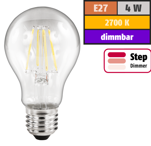 LED Filament Glühlampe McShine Filed, E27, 4W, 440lm, warmweiß, step-dimmbar
