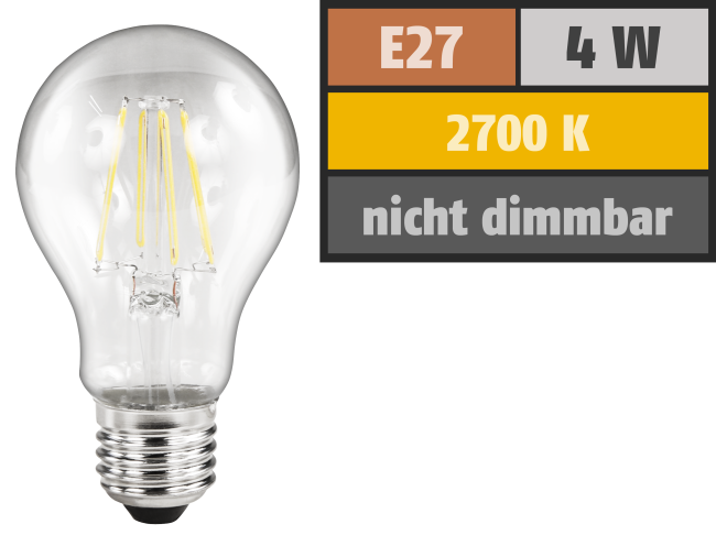 LED Filament Glühlampe McShine Filed, E27, 4W, 470lm, warmweiß, klar
