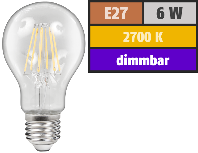 LED Filament Glühlampe McShine Filed, E27, 6W, 600 lm, warmweiß, dimmbar, klar

