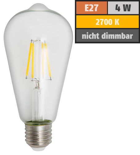 LED Filament Glühlampe McShine Filed E27, ST64, 4W, 470lm, warmweiß, klar
