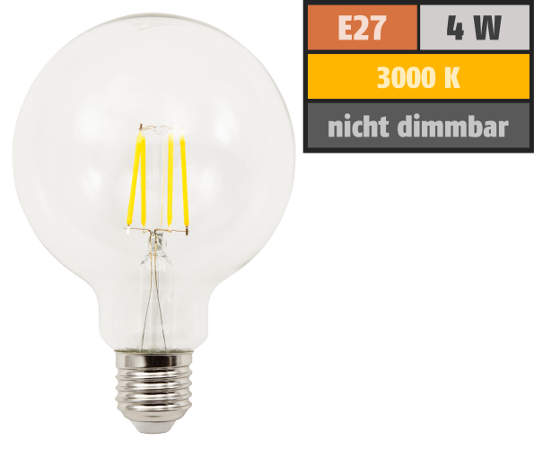 LED Filament Globelampe McShine Filed E27, 4W, 470lm, warmweiß, klar
