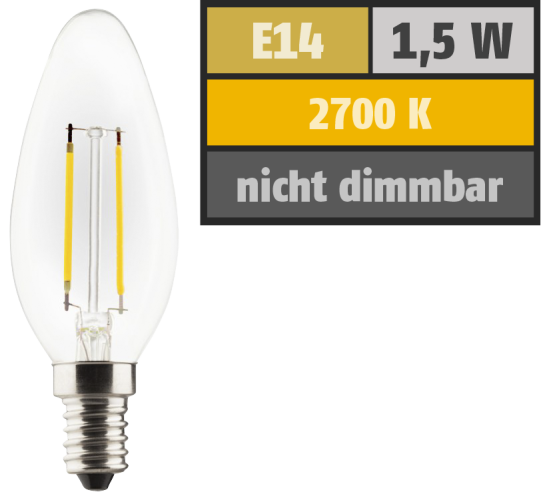 LED Filament Kerzenlampe, E14, 1,5W, 150lm, 2700K, warmweiß
