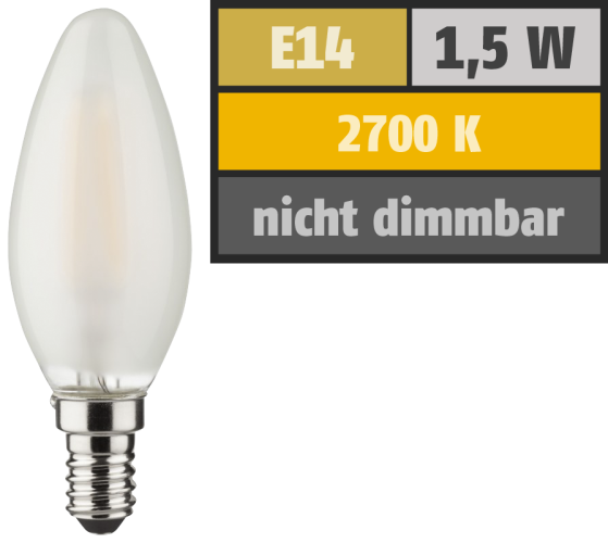 LED Filament Kerzenlampe, E14, 1,5W, 150lm, 2700K, warmweiß, matt
