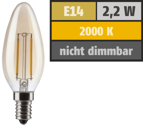 LED Filament Kerzenlampe, E14, 2,2W, 150lm, 2000K, warmweiß, gold
