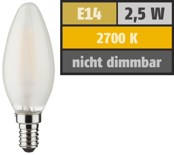 LED Filament Kerzenlampe, E14, 2,5W, 250lm, 2700K, warmweiß
