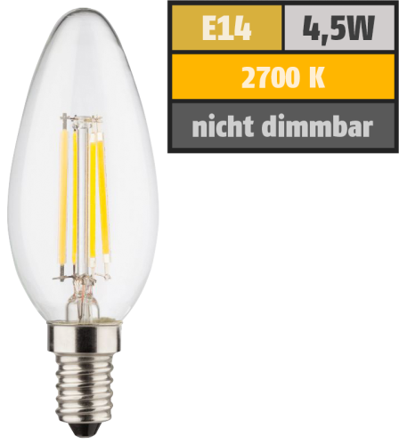 LED Filament Kerzenlampe, E14, 4,5W, 470lm, 2700K, warmweiß
