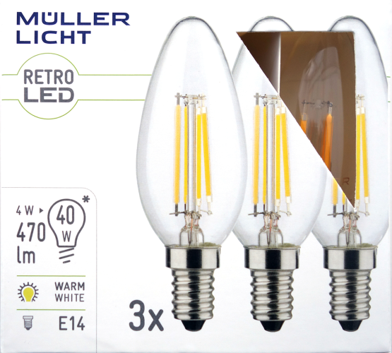 LED Filament Kerzenlampe, E14, 4W, 470lm, 2700K, warmweiß, 3er Set
