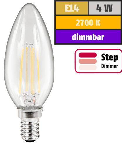 LED Filament Kerzenlampe McShine Filed, E14, 4W, 470lm, warmweiß, step-dimmbar

