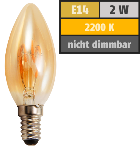 LED Filament Kerzenlampe McShine Retro E14, 2W, 150lm, warmweiß, goldenes Glas
