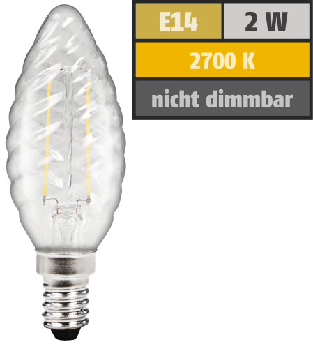 LED Filament Kerzenlampe gedreht McShine Filed, E14, 2W, 200 lm, warmweiß, klar
