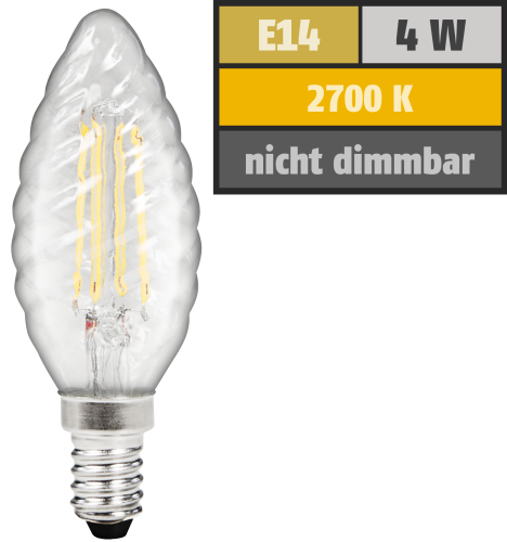 LED Filament Kerzenlampe gedreht McShine Filed, E14, 4W, 470 lm, warmweiß, klar
