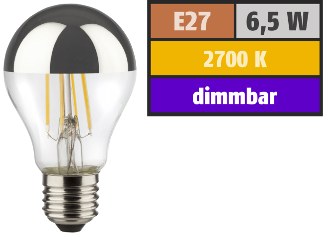 LED Filament Kopfspiegel Glühlampe, E27, 6,5W, 650lm, 2700K, warmweiß, dimmbar
