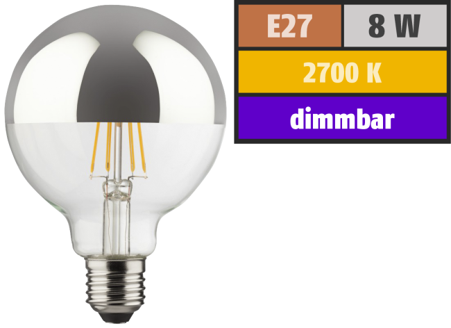 LED Filament Kopfspiegel-Globelampe, E27, 8W, 850lm, 2700K, warmweiß, dimmbar
