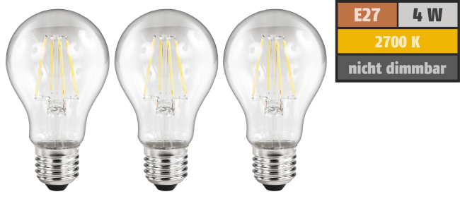 LED Filament Set McShine, 3x Glühlampe, E27, 4W, 470lm, warmweiß, klar
