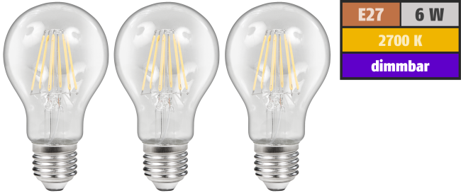 LED Filament Set McShine, 3x Glühlampe, E27, 6W, 600lm, warmweiß, klar, dimmbar
