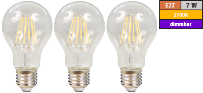 LED Filament Set McShine, 3x Glühlampe, E27, 7W, 800lm, warmweiß, klar, dimmbar
