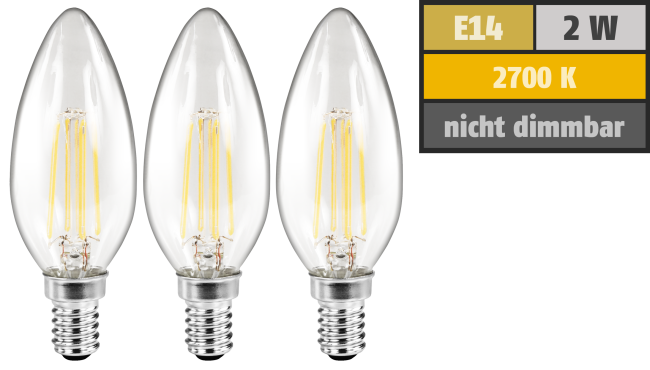 LED Filament Set McShine, 3x Kerzenlampe, E14, 2W, 200lm, warmweiß, klar
