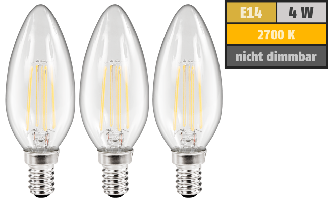 LED Filament Set McShine, 3x Kerzenlampe, E14, 4W, 360lm, warmweiß, klar
