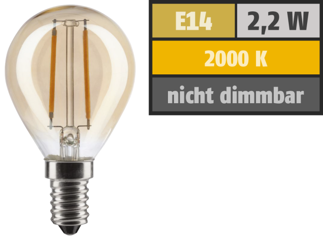 LED Filament Tropfenlampe, E14, 2,2W, 150lm, 2000K, warmweiß, gold
