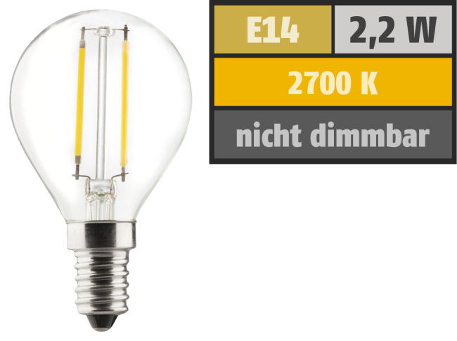 LED Filament Tropfenlampe, E14, 2,2W, 250lm, 2700K, warmweiß
