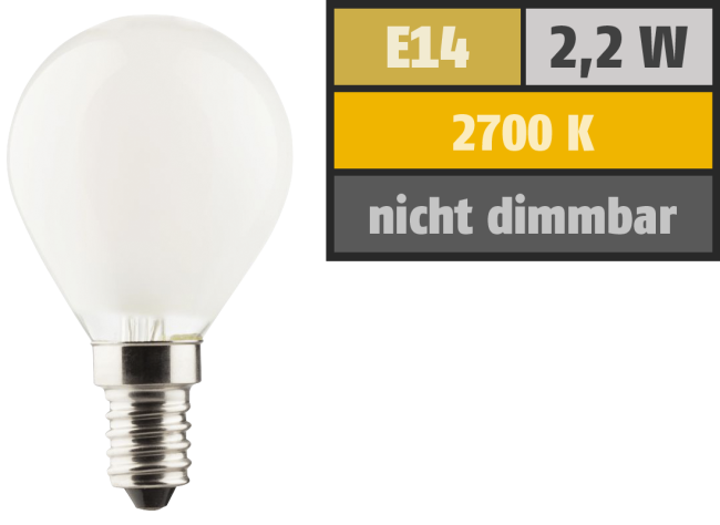 LED Filament Tropfenlampe, E14, 2,2W, 250lm, 2700K, warmweiß, matt
