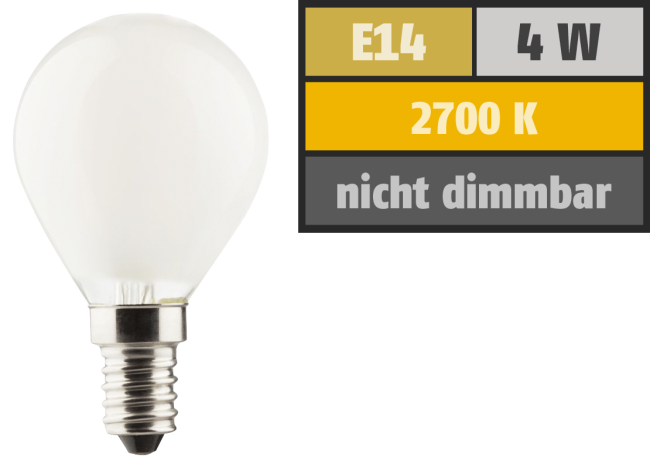 LED Filament Tropfenlampe, E14, 4W, 470lm, 2700K, warmweiß, matt
