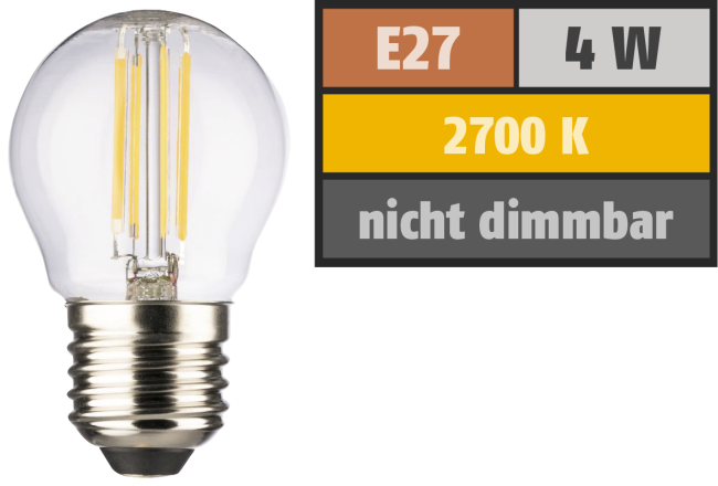 LED Filament Tropfenlampe, E27, 4W, 470lm, 2700K, warmweiß
