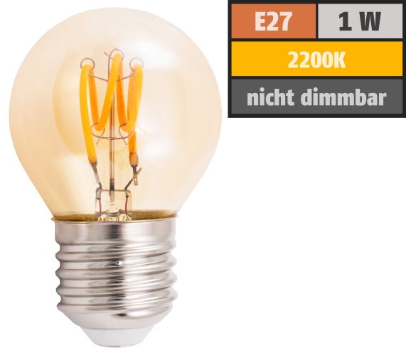 LED Filament Tropfenlampe McShine Retro E27, 1W, 90lm, warmweiß, goldenes Glas
