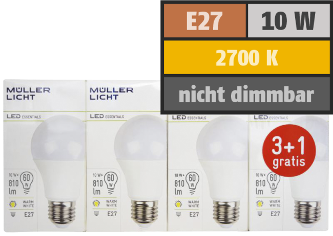 LED Glühlampe, E27, 10W, 810lm, 2700K, warmweiß, 3+1 Set
