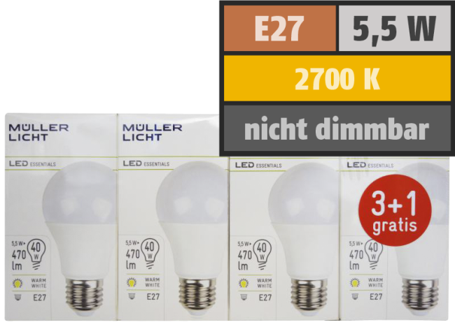 LED Glühlampe, E27, 5,5W, 470lm, 2700K, warmweiß, 3+1 Set
