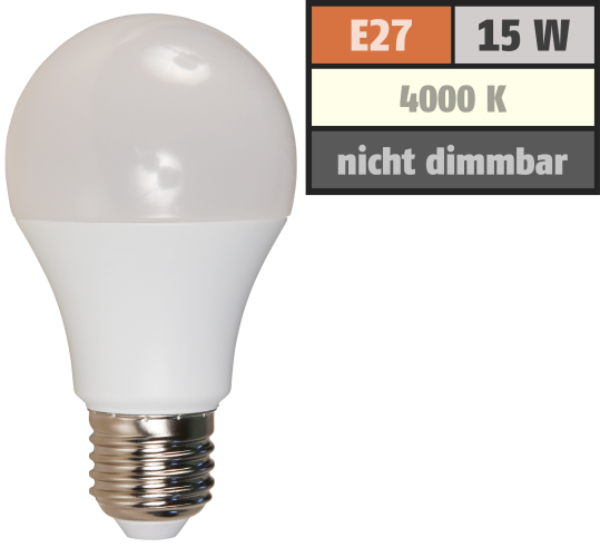 LED Glühlampe McShine, E27, 15W, 1250lm, 220°, 4000K, neutralweiß, Ø60x118mm
