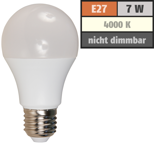 LED Glühlampe McShine, E27, 7W, 650lm, 240°, 4000K, neutralweiß, Ø60x109mm
