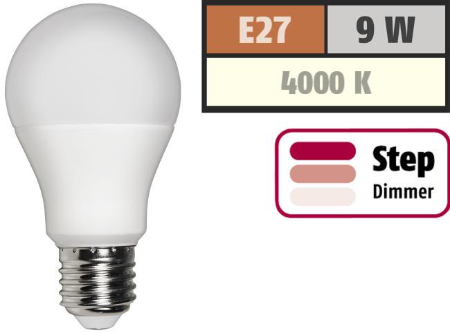 LED Glühlampe McShine, E27, 9W, 810 lm, 4000K, neutralweiß, step dimmbar 100/50/10%
