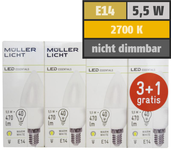 LED Kerzenlampe, E14, 5,5W, 470lm, 2700K, warmweiß, 3+1 Set
