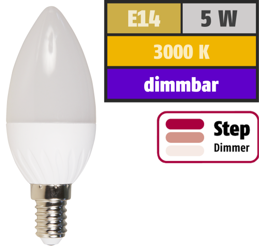LED-Kerzenlampe McShine, E14, 5W, 400lm, 3000K, warmweiß, dimmbar 100/50/15%
